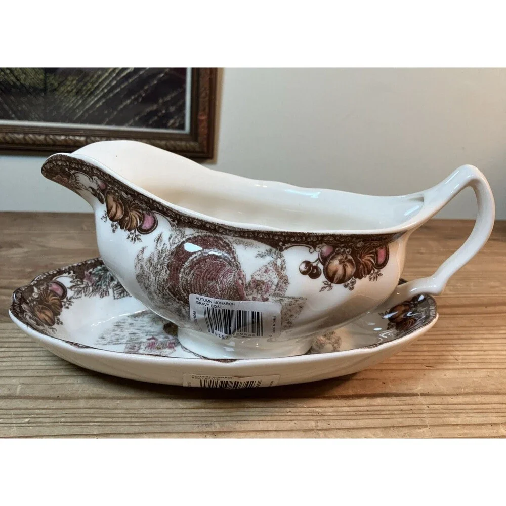 Johnson Brothers Autumn monarch Turkey Gravy Boat Sauce bowl w/plate NWT Sticker